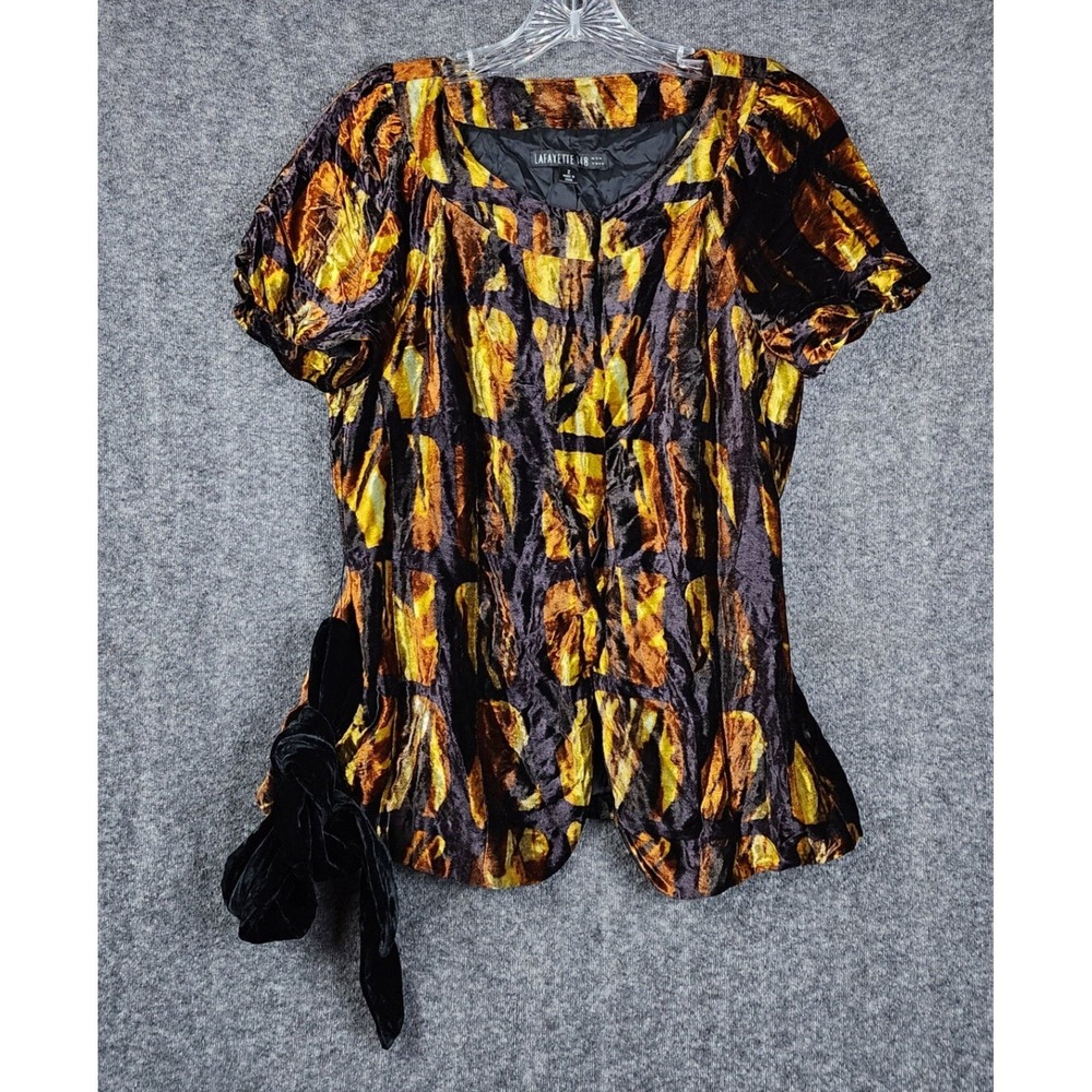 Lafayette 148 Blouse Womens 2 Gold Brown Velvet Burnout Snap Front Side Tie Top
